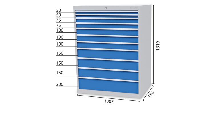 1084342204 Drawer cabinet 11 drawers 5010 2x50 2x75 3x100 3x150 1x200mm