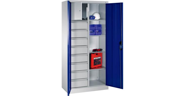 Flügeltür-Werkzeugschrank 1950x930x500mm 4 Böden 1 Wertfach 8 Schubladen RAL7035