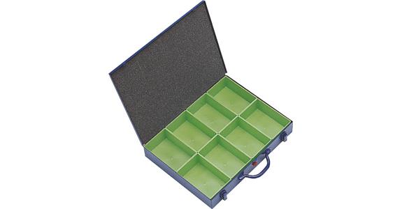 Kleinteile-Sortimentskoffer Stahlblech blau 440x330x66 mm mit 8 Boxen 108x162 mm