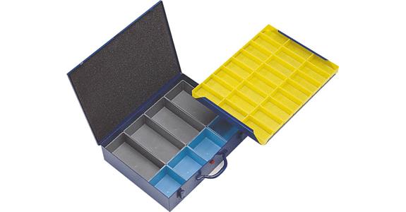 Kleinteile-Sortimentskoffer Stahlblech blau 440x330x100 mm mit 32 Boxen