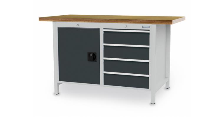 Cabinet workbench W1500xD750xH959mm 1x hinged door 4xdrawers RAL7035/7016