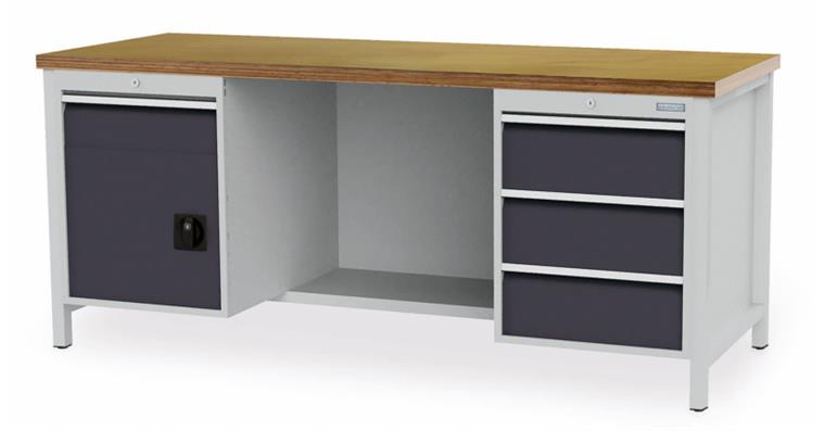 Cabinet workbench W2000xD750xH859mm 1x shelf 4xdrawers 1xdoor RAL7035/7016