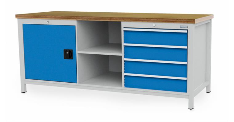 Cabinet workbench W2000XD750XH859mm 4x drawers 1xhinged door 2xshelves 7035/5012