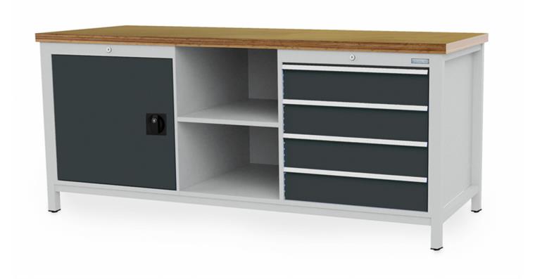 Cabinet workbench W2000XD750XH859mm 4x drawers 1xhinged door 2xshelves 7035/7016