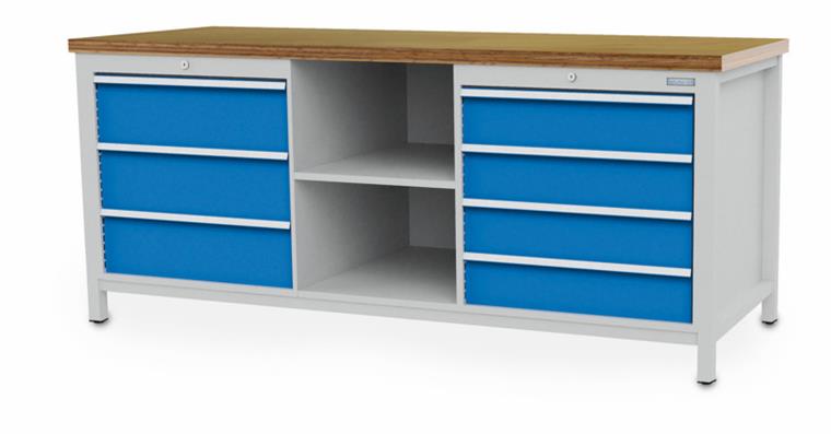 Cabinet workbench W2000XD750XH859mm 7x drawers 2x shelves RAL7035/5012