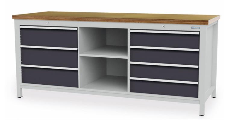 Cabinet workbench W2000XD750XH859mm 7x drawers 2x shelves RAL7035/7016
