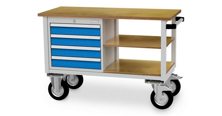 1081752101 Mobile Werkbank B1200xT540xH820mm RAL7035/5012 4x Schublade, 2x Fachboden
