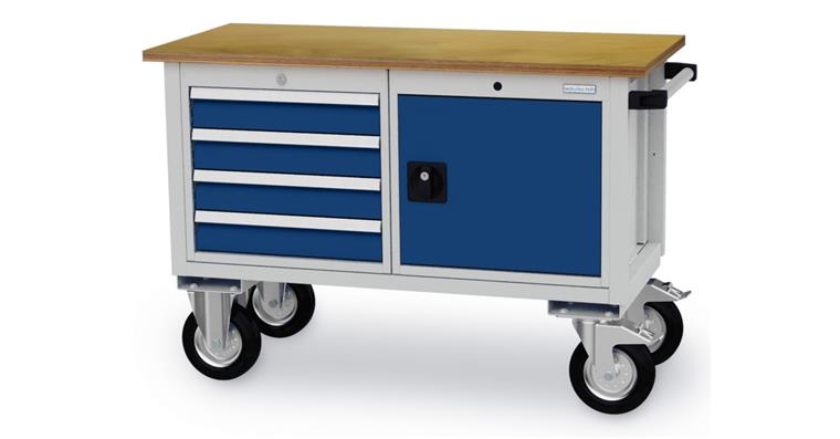 Mobile Werkbank B1200xT540xH820mm RAL7035/5010 4x Schublade, 1x Tür