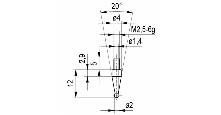 Ball probe no. 8A f. dial gauges + precis. pointers conn. thr. M2.5 2.0 mm dia.