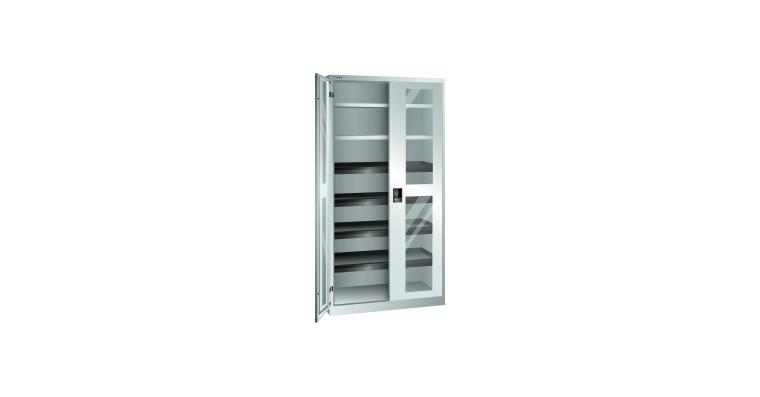 Flügeltürschrank mit 2 Sichtfenster-Türen BxTxH 1000x580x1950mm RAL 7035
