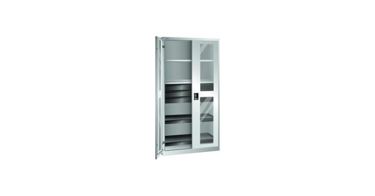 Flügeltürschrank mit 2 Sichtfenster-Türen BxTxH 1000x580x1950mm RAL 7035