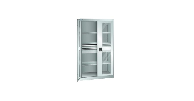 Schwerlastschrank mit 2 Sichtfenster-Flügeltüren 1100x641x1950mm RAL 7035