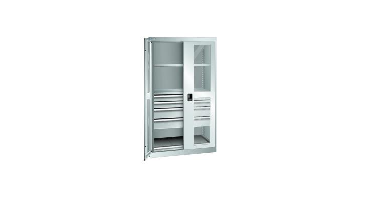 Schwerlastschrank mit 2 Sichtfenster-Flügeltüren 1100x641x1950mm RAL 7035