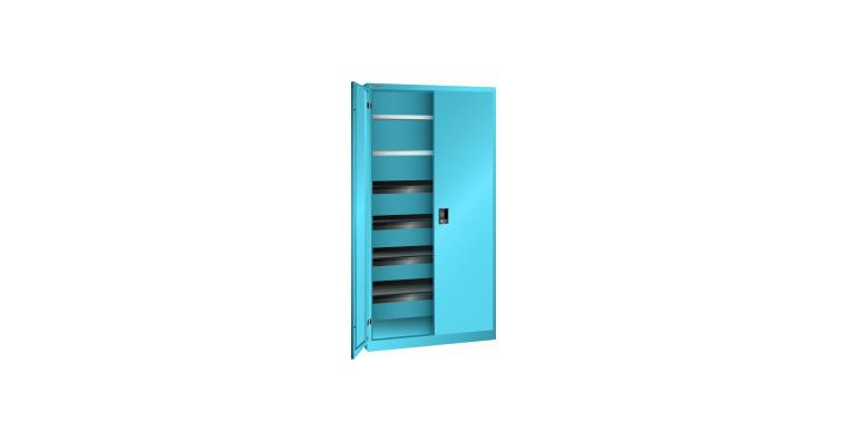 Flügeltürschrank BxTxH 1000x580x1950mm 2 Fachböden, 4 Auszugböden RAL 5012