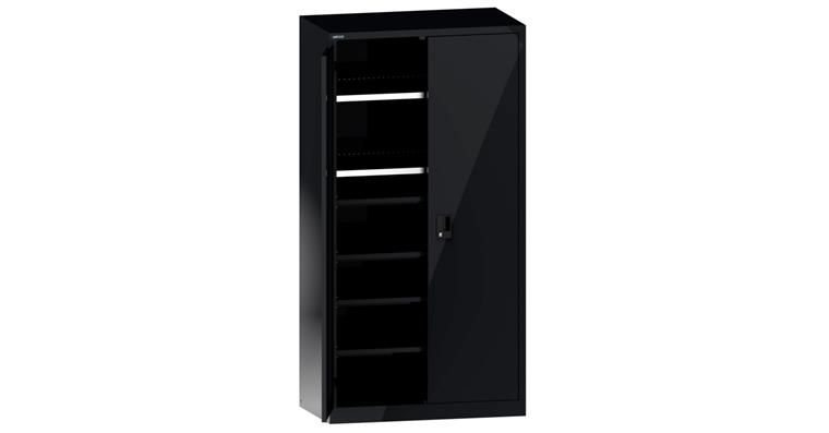 Flügeltürschrank BxTxH 1000x580x1950mm 2 Fachböden, 4 Auszugböden RAL 7016
