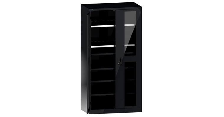 Flügeltürschrank mit 2 Sichtfenster-Türen BxTxH 1000x580x1950mm RAL 7016