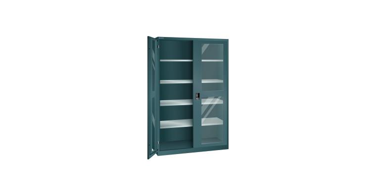 Flügeltürschrank mit Sichtfenster-Türen BxTxH 1250x580x1950mm 4Fachböden RAL7016