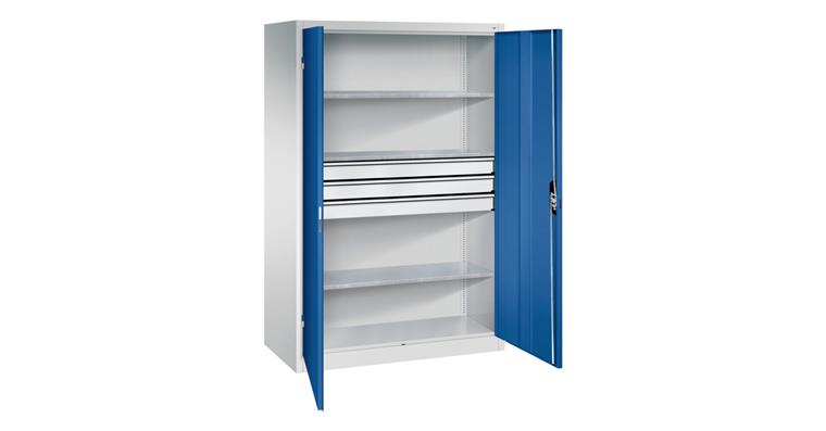 Großraum-Werkzeugschrank 1950X1200X600 RAL7035/5010 Schubladen mittig