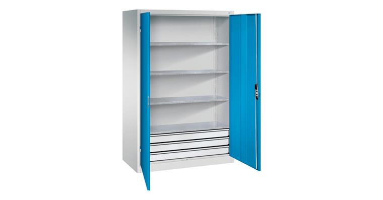 Großraum-Werkzeugschrank 1950x1200x600 RAL7035/5012 Schubladenblock unten