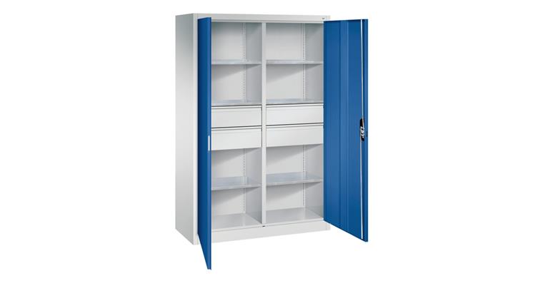 Flügeltür-Werkzeugschrank 1950x1200x500mm 6 Böden 4 große Schubladen RAL7035