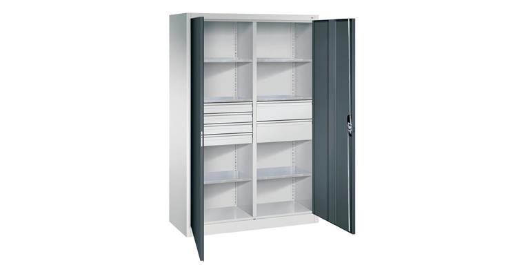 Flügeltür-Werkzeugschrank 1950x1200x500mm 6 Böden 4 kl.+2 gr. Schubladen RAL7016