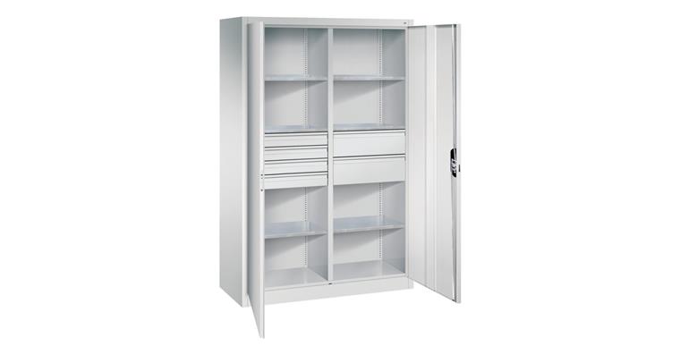 Flügeltür-Werkzeugschrank 1950x1200x500mm 6 Böden 4 kl.+2 gr. Schubladen RAL7035