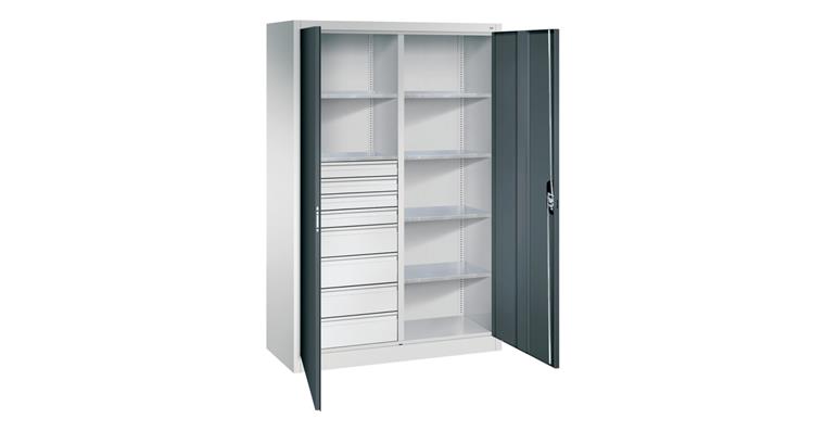 Flügeltür-Werkzeugschrank 1950x1200x500mm 6 Böden 4 kl.+4 gr. Schubladen RAL7016