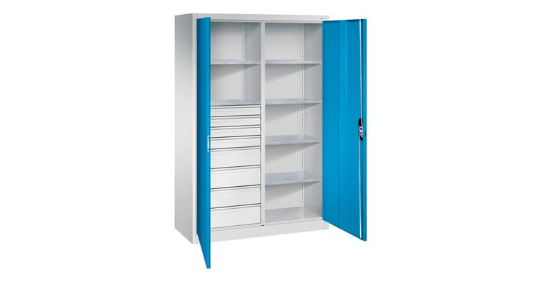 Flügeltür-Werkzeugschrank 1950x1200x500mm 6 Böden 4 kl.+4 gr. Schubladen RAL5012
