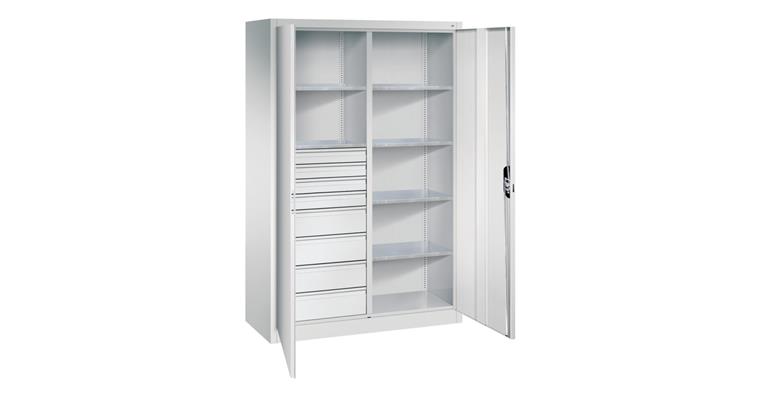 Flügeltür-Werkzeugschrank 1950x1200x500mm 6 Böden 4 kl.+4 gr. Schubladen RAL7035