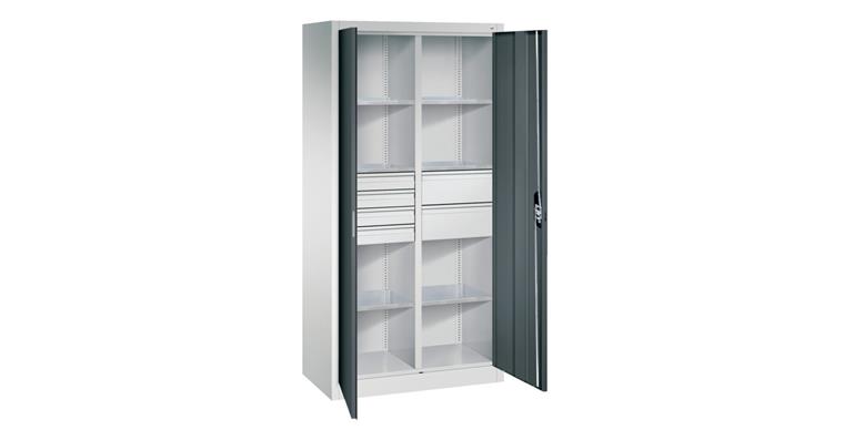 Flügeltür-Werkzeugschrank 1950x930x500mm 6  Böden 4 kl.+2 gr. Schubladen RAL7016