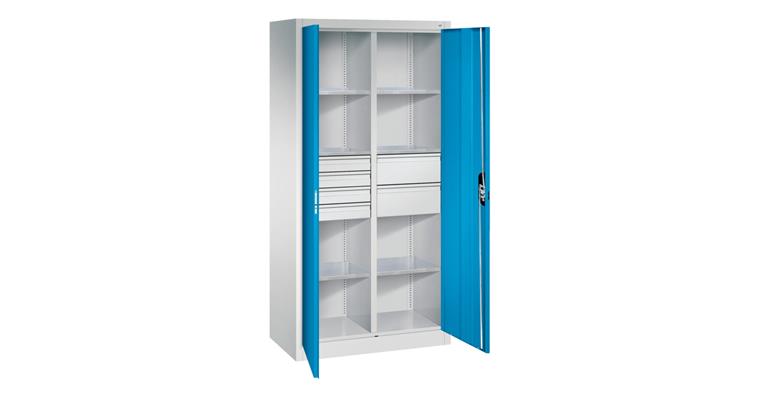 Flügeltür-Werkzeugschrank 1950x930x500mm 6 Böden 4 kl.+2 gr. Schubladen RAL5012
