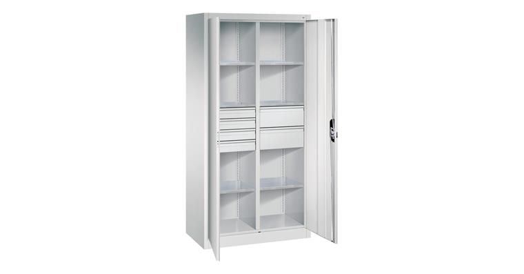 Flügeltür-Werkzeugschrank 1950x930x500mm 6 Böden 4 kl.+2 gr. Schubladen RAL7035