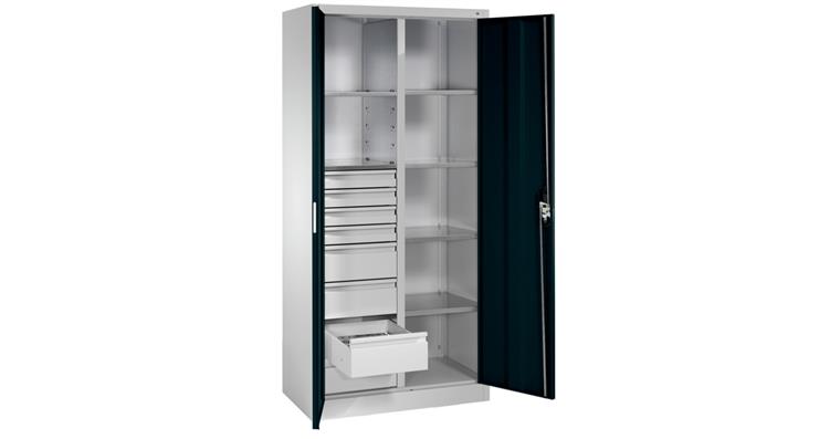 Flügeltür-Werkzeugschrank 1950x930x500mm 6  Böden 4 kl.+4 gr. Schubladen RAL7016