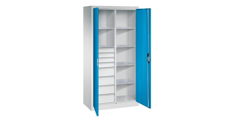 Flügeltür-Werkzeugschrank 1950x930x500mm 6 Böden 4 kl.+4 gr. Schubladen RAL5012