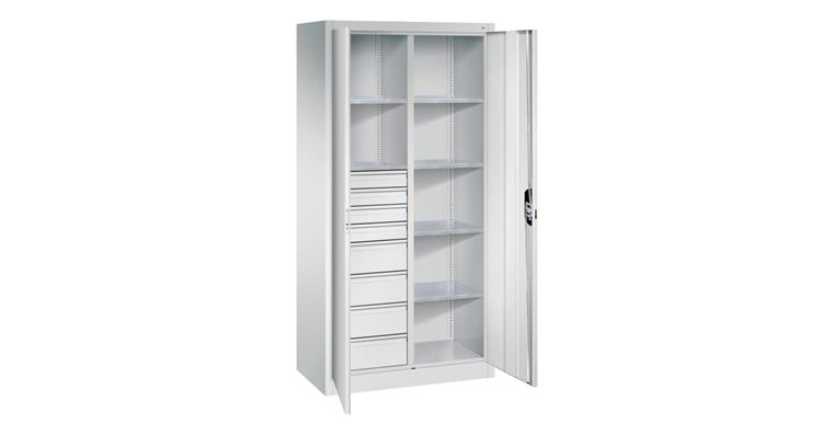 Flügeltür-Werkzeugschrank 1950x930x500mm 6 Böden 4 kl.+4 gr. Schubladen RAL7035