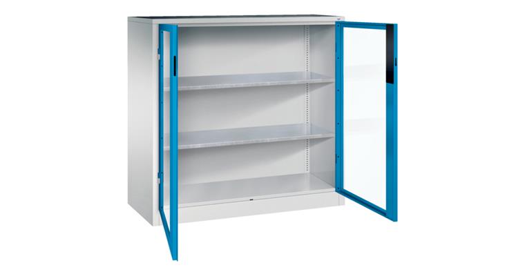 Ordnungsschrank mit Sichtfenstertüren HxBxT 1200x1200x500 mm 2 Böden RAL 5012