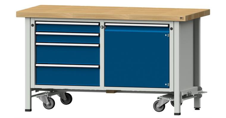 Kastenwerkbank mobil 1500x700x850mm 4x Schubladen 1x Tür BMP 7035/5010