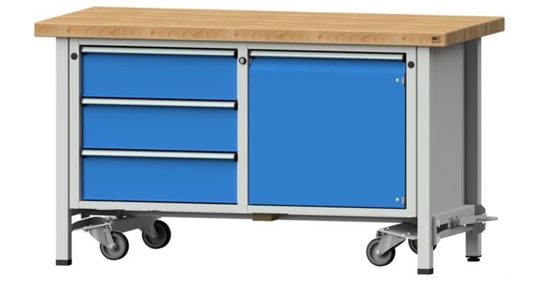 Kastenwerkbank mobil 1500x700x850mm 3x Schubladen 1x Tür BMP 7035/5012