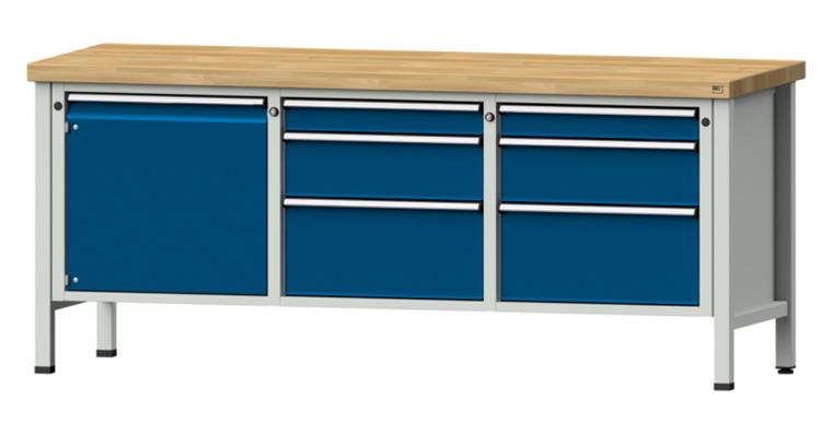 Kastenwerkbank 2000x700x850mm 6 Schubladen 1x Tür Buche-Massivplatte 7035/5010