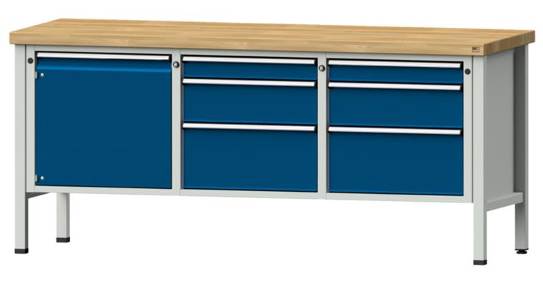 Kastenwerkbank 2000x700x900mm 6 Schubladen 1x Tür Buche-Massivplatte 7035/5010