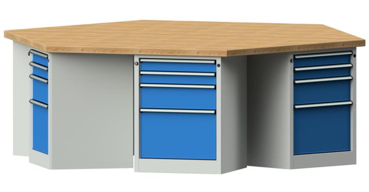 1082092102 Gruppenwerkbank 6-Eck 2340x2700x900mm Buche-Massivplatte 7035/5012