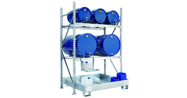 Regal für 2/200+3/60 Fässer, Grundfeld mit Gitterrost Außenmaße 1507x800x2200mm